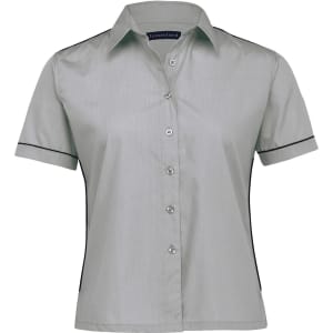 A women's button-up shirt in grey with contrasting black detailing and a short sleeve design. It features a logo.