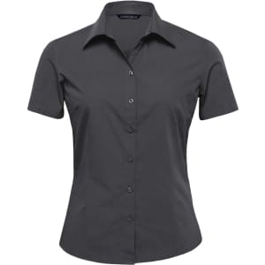 A dark grey short sleeve button-up shirt for women, featuring a collar and a simple buttoned design.