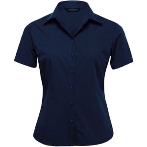 A short sleeve button-up shirt in navy blue for women, featuring a collar and a logo.