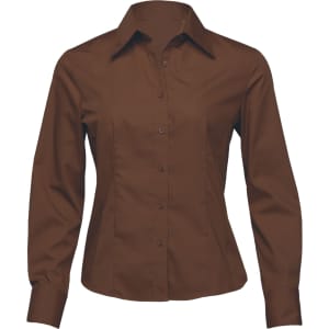 A brown button-up women's shirt with long sleeves and a fitted silhouette. It features a collar and a logo.