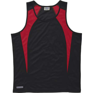 A black and red athletic singlet featuring a sleek spliced design and a logo.