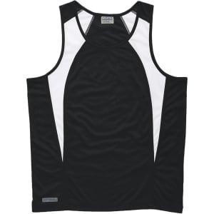 A black singlet with white spliced panels and a logo, featuring a lightweight, breathable fabric.