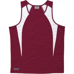 A burgundy singlet with white spliced panels and a logo on the bottom. Ideal for sports and active wear.