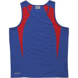A blue singlet featuring red spliced panels and a logo, designed for youth wear.