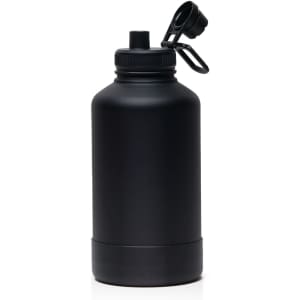 A drink bottle in matte black, featuring a secure lid and a handle. It has a logo on the side.