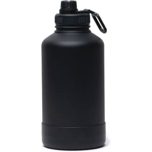 A drink bottle in matte black with a screw-top lid and a handle for easy transport. It features a logo.