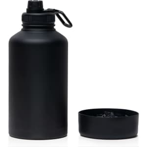 A drink bottle in matte black with a screw-top lid and a removable base. It includes a circular container.