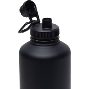 A drink bottle in matte black with a screw-top lid and a flip spout, featuring a black carry handle.
