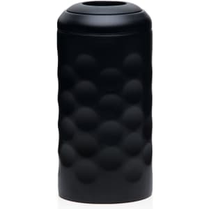 A drink bottle in a matte black finish with a textured surface. It features a circular opening at the top and has a logo.