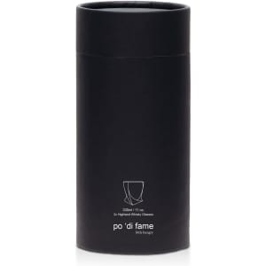A black cylindrical container holding two Highland whisky glasses, featuring a logo on the front.