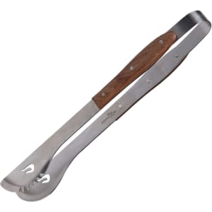 Stainless steel BBQ tongs with a wooden handle and a logo on the side.