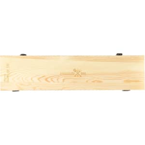 A wooden box featuring a hinged lid, marked with a logo for "Roadhouse BBQ". Natural wood colour.