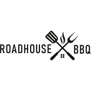 A set of black BBQ tongs featuring a logo with a spatula and fork crossed over a flame design.