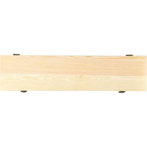 A wooden product with a light natural finish and visible grain, featuring metallic fixtures on either end.