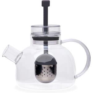 A clear glass teapot with a black infuser and a transparent lid, perfect for tea brewing.