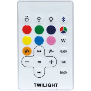 A remote control with various coloured buttons, featuring a logo, designed for a Twilight Speaker Lamp.