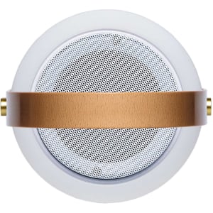 A round speaker lamp in white with a gold and brown strap, featuring a speaker grille at the centre.