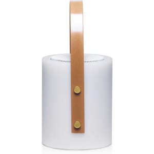 A white speaker lamp with a brown leather handle and gold buttons, featuring a sleek cylindrical design.