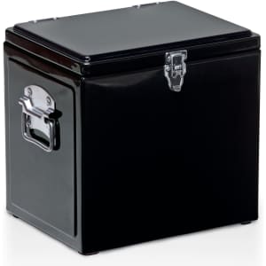 A black vintage cooler box with a silver handle and latch, suitable for leisure and outdoor use.