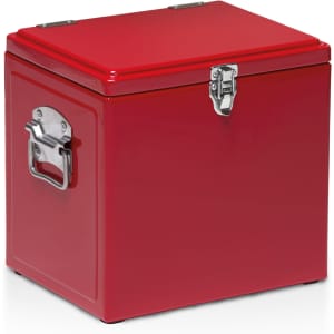 A red vintage cooler box with a metal handle and clasp, featuring a shiny, smooth finish.