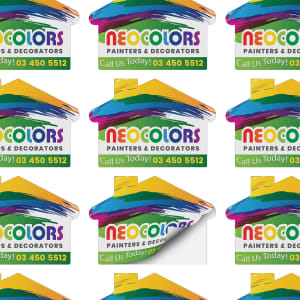 House-shaped stickers in vibrant colours, featuring a logo and contact details for a painting and decorating service.