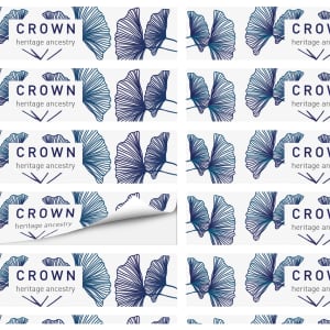 A sheet of stickers featuring a blue floral design with a logo and text.