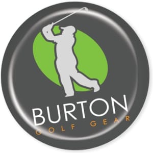 A circular sticker featuring a golfer silhouette and a logo in green and black, with orange accents.