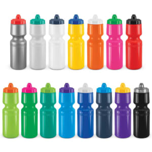 A drink bottle collection featuring various colours including silver, white, yellow, orange, pink, green, and black, some with logos.