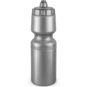 A drink bottle in a sleek silver design with a tapered middle section and a push-pull lid.
