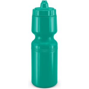 A drink bottle in vibrant teal with a wide body and a sports-style cap. It features a logo on the side.