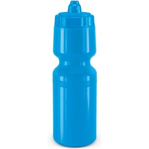 A drink bottle in a vibrant blue color, featuring a squeeze design and a nozzle cap.