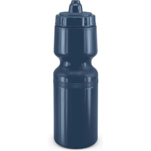A drink bottle in dark blue with a twist top and a contoured grip. It features an unobtrusive logo.