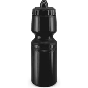 A drink bottle in black with a contoured design and a secure cap. It features a logo.
