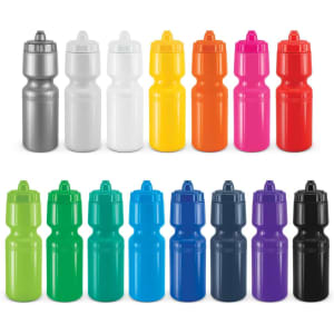 A drink bottle in various colours, including silver, white, yellow, orange, pink, green, blue, and purple. Each bottle has a logo.