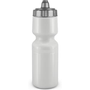 A drink bottle designed for easy grip, featuring a sleek white body and a silver cap.