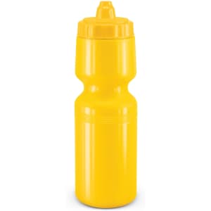 A drink bottle in bright yellow with a squeeze top and a prominent logo.