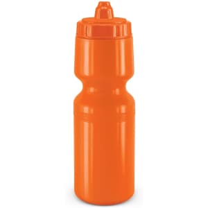 A drink bottle in bright orange with a squeezable design and a flip-top cap.