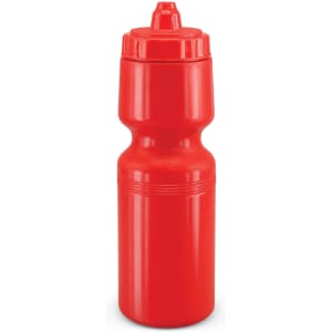 A drink bottle in bright red with a wide body and a sports-style top, featuring a branding logo.