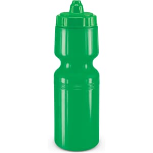 A drink bottle in bright green color with a twist-top lid and a contoured design for easy grip.
