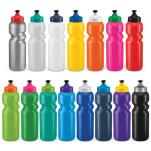 A collection of drink bottles in various colours, each with a spout and some featuring logos.