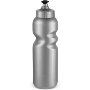 A drink bottle featuring a sleek silver design with a wave pattern and a black nozzle for easy sipping.