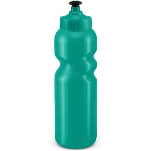 A drink bottle in vibrant teal color featuring a contoured shape and a black push-pull cap.