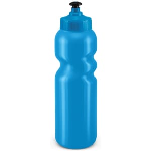 A drink bottle in a vibrant blue color with a squeeze design and a flip-top spout.