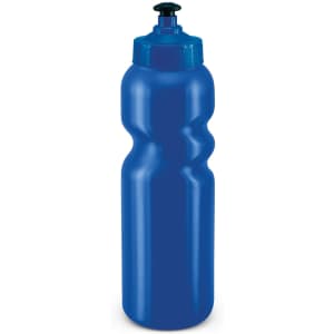 A drink bottle in a vibrant blue color with a textured grip and a black push-pull cap.