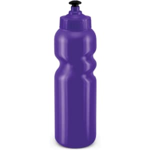 A drink bottle in a sleek purple design with a squeezable body and a black drinking nozzle on top.
