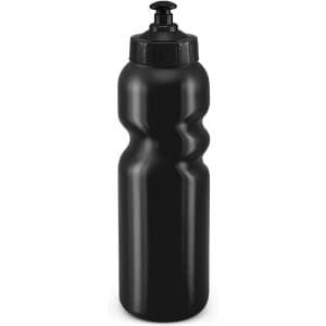 A drink bottle in a sleek black design with a contoured shape and a push-pull lid, perfect for hydration on the go.