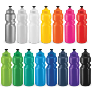 A collection of drink bottles in various colours, including silver, white, yellow, orange, green, blue, black, and purple. Each bottle has a logo.