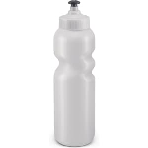 A drink bottle in a wavy design, featuring a white body and a black nozzle at the top. It includes a logo.