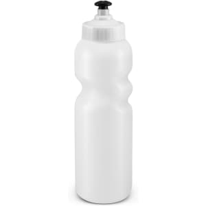 A drink bottle featuring a contoured design for easy grip, made of white plastic with a black nozzle cap.