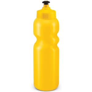 A drink bottle in a vibrant yellow color with a squeezable body and a black nozzle cap.
